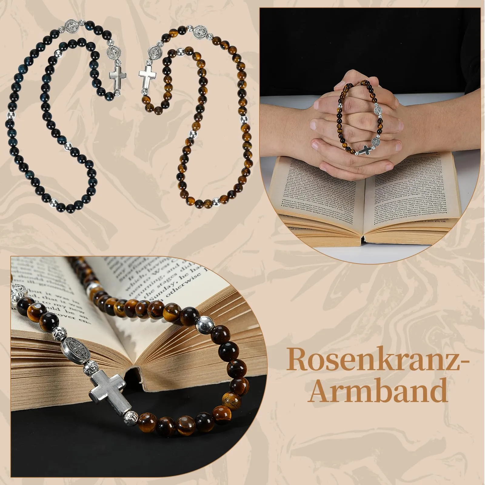 SHIEAGLELD Bracciale Occhio di Tigre Uomo, Bracciali Rosario Cattolica da con Croce e Medaglione di San Benedetto, Braccialetto Ematite Naturale Regalo Spirituale per Papà, Marito, Bambino, Marrone - immagine 6