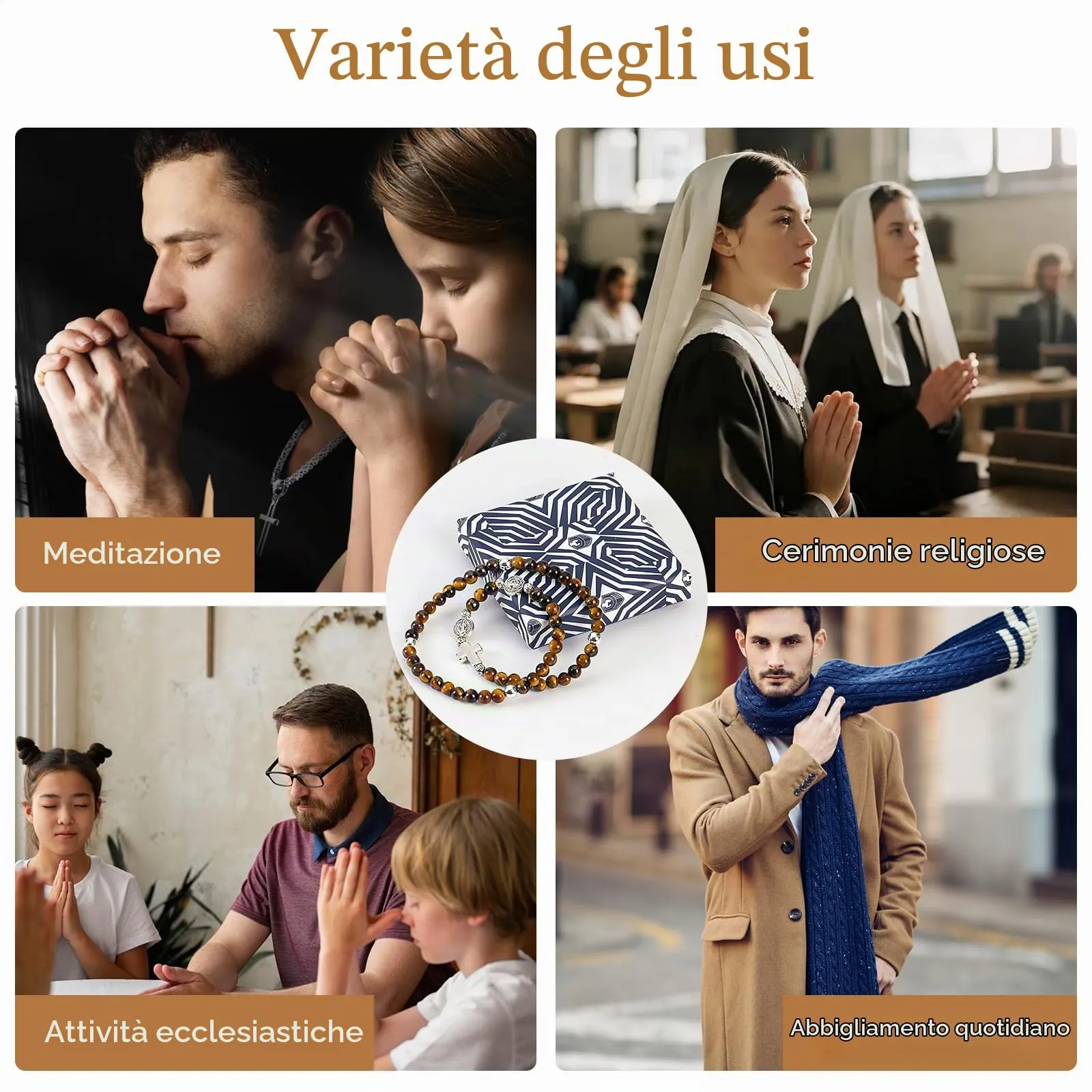 SHIEAGLELD Bracciale Occhio di Tigre Uomo, Bracciali Rosario Cattolica da con Croce e Medaglione di San Benedetto, Braccialetto Ematite Naturale Regalo Spirituale per Papà, Marito, Bambino, Marrone - immagine 7
