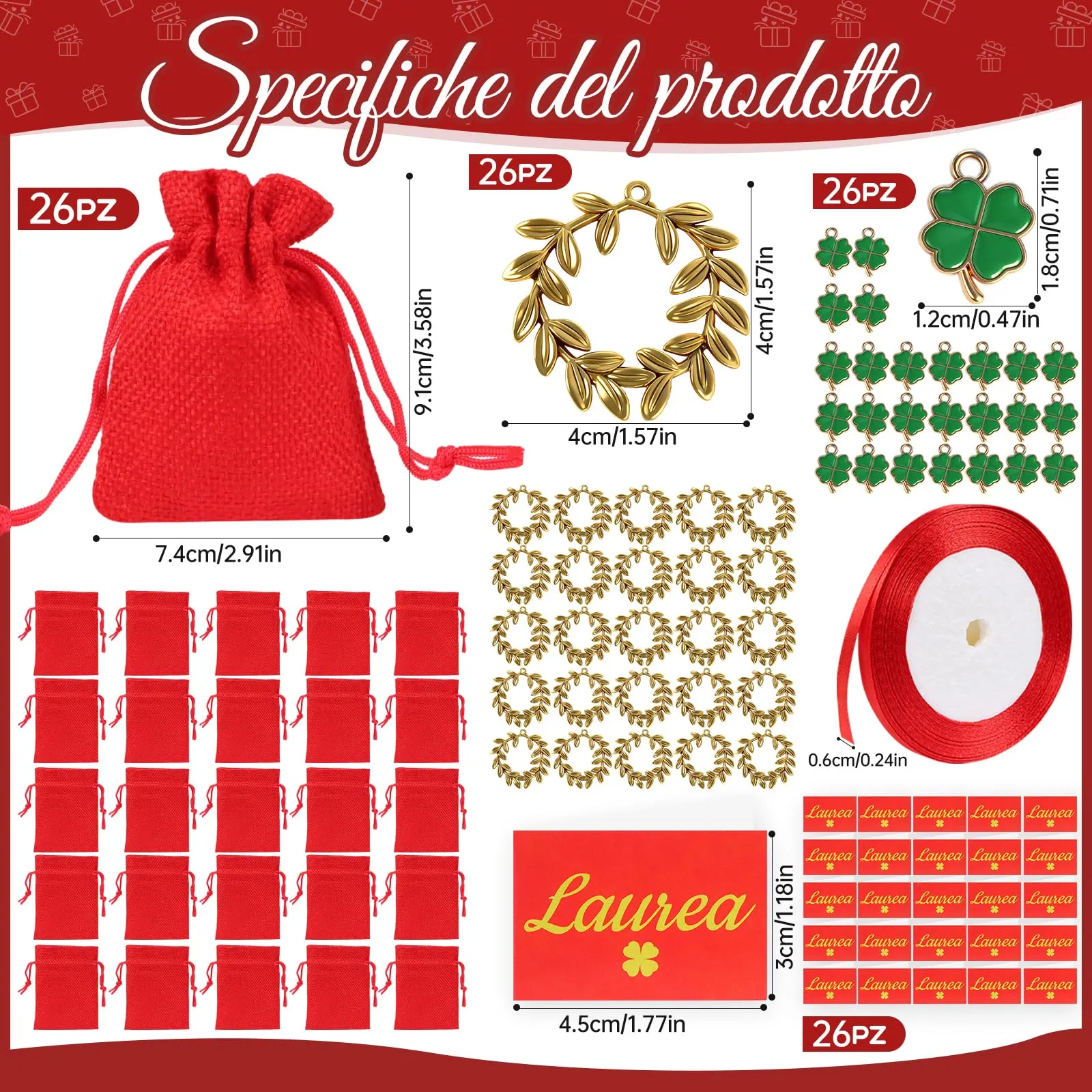 26 pz Sacchetti Portaconfetti Laurea,Sacchetti Rossi per Confetti Laurea,Ciondoli Corona d'Alloro Quadrifoglio,Sacchettini per Caramelle Gioielli Regalo,per Festa laurea Congratulazioni Confetti Regal - immagine 2