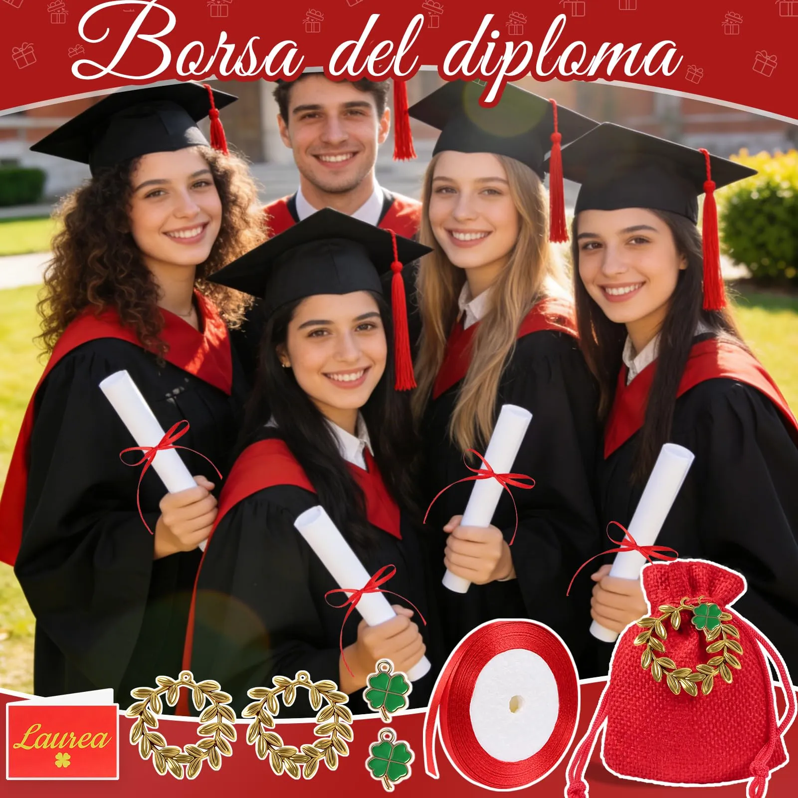 26 pz Sacchetti Portaconfetti Laurea,Sacchetti Rossi per Confetti Laurea,Ciondoli Corona d'Alloro Quadrifoglio,Sacchettini per Caramelle Gioielli Regalo,per Festa laurea Congratulazioni Confetti Regal - immagine 3