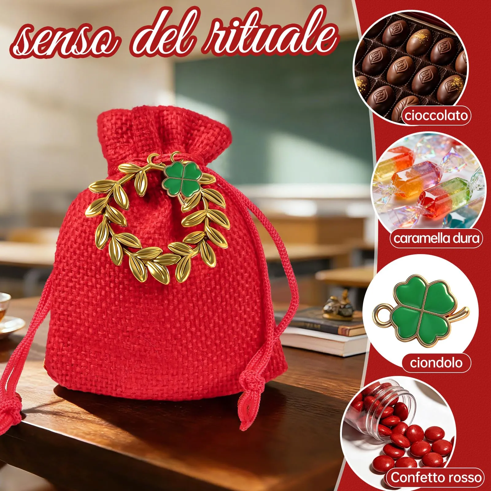 26 pz Sacchetti Portaconfetti Laurea,Sacchetti Rossi per Confetti Laurea,Ciondoli Corona d'Alloro Quadrifoglio,Sacchettini per Caramelle Gioielli Regalo,per Festa laurea Congratulazioni Confetti Regal - immagine 5