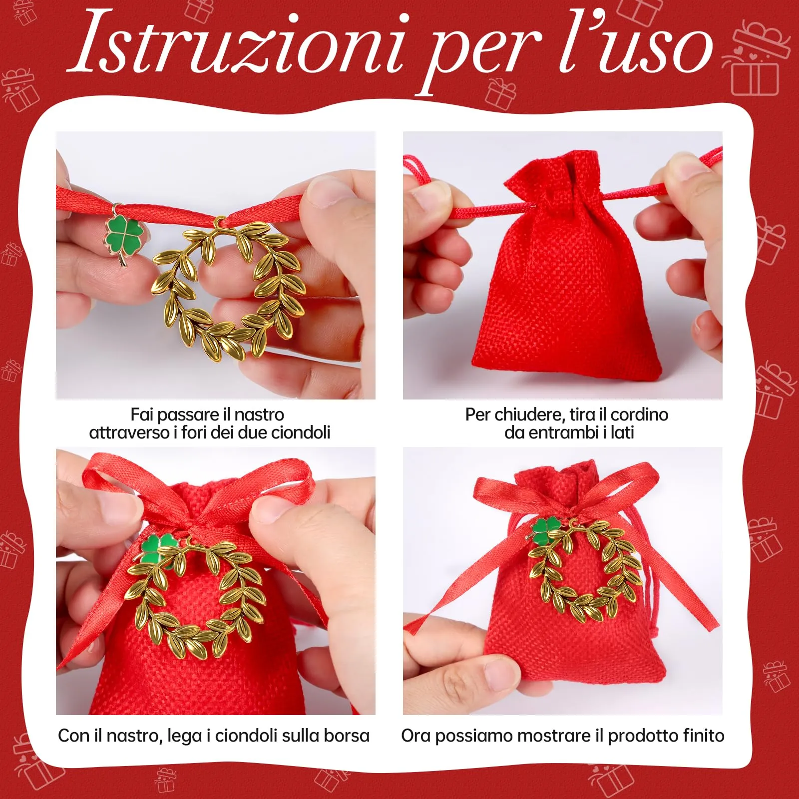 26 pz Sacchetti Portaconfetti Laurea,Sacchetti Rossi per Confetti Laurea,Ciondoli Corona d'Alloro Quadrifoglio,Sacchettini per Caramelle Gioielli Regalo,per Festa laurea Congratulazioni Confetti Regal - immagine 6
