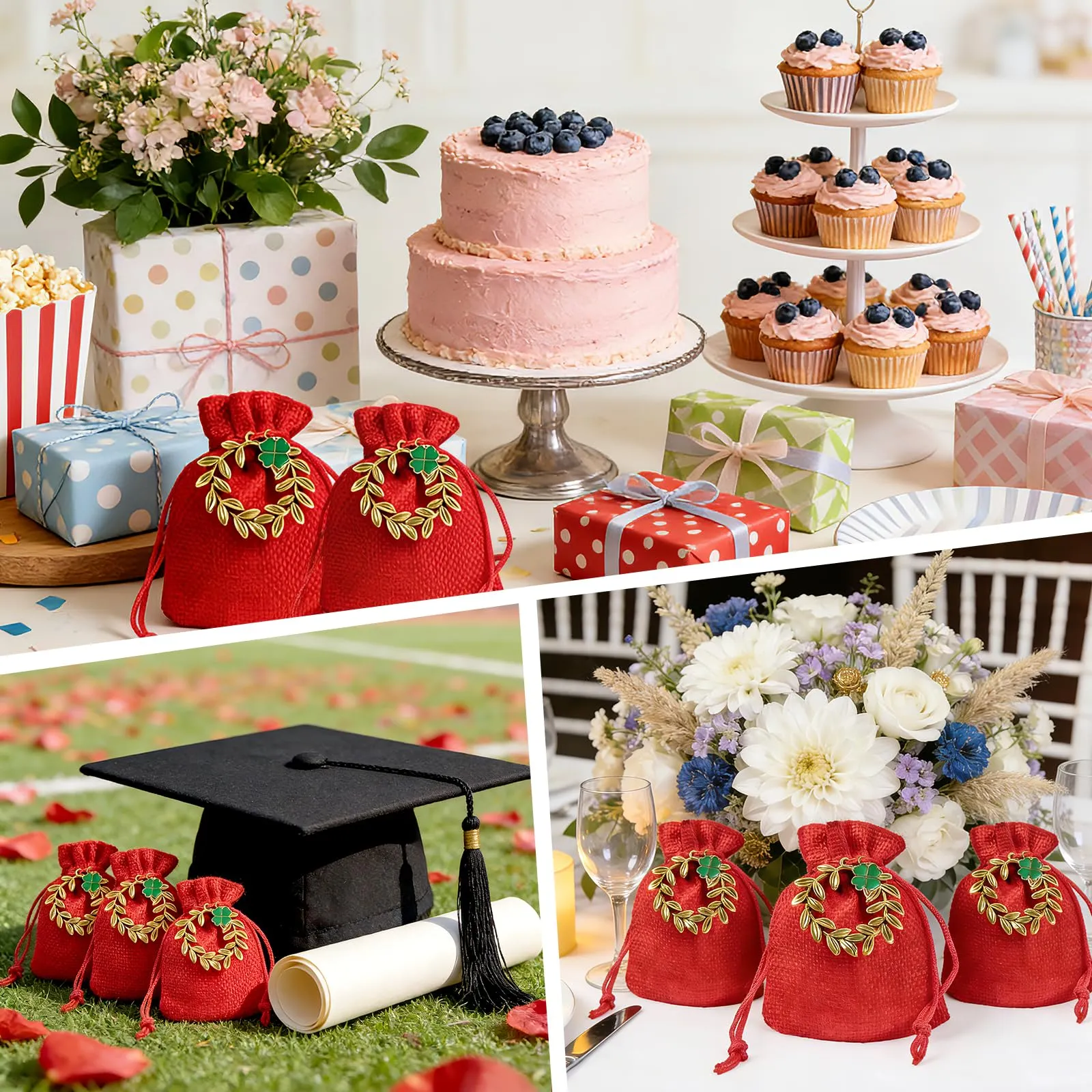 26 pz Sacchetti Portaconfetti Laurea,Sacchetti Rossi per Confetti Laurea,Ciondoli Corona d'Alloro Quadrifoglio,Sacchettini per Caramelle Gioielli Regalo,per Festa laurea Congratulazioni Confetti Regal - immagine 8