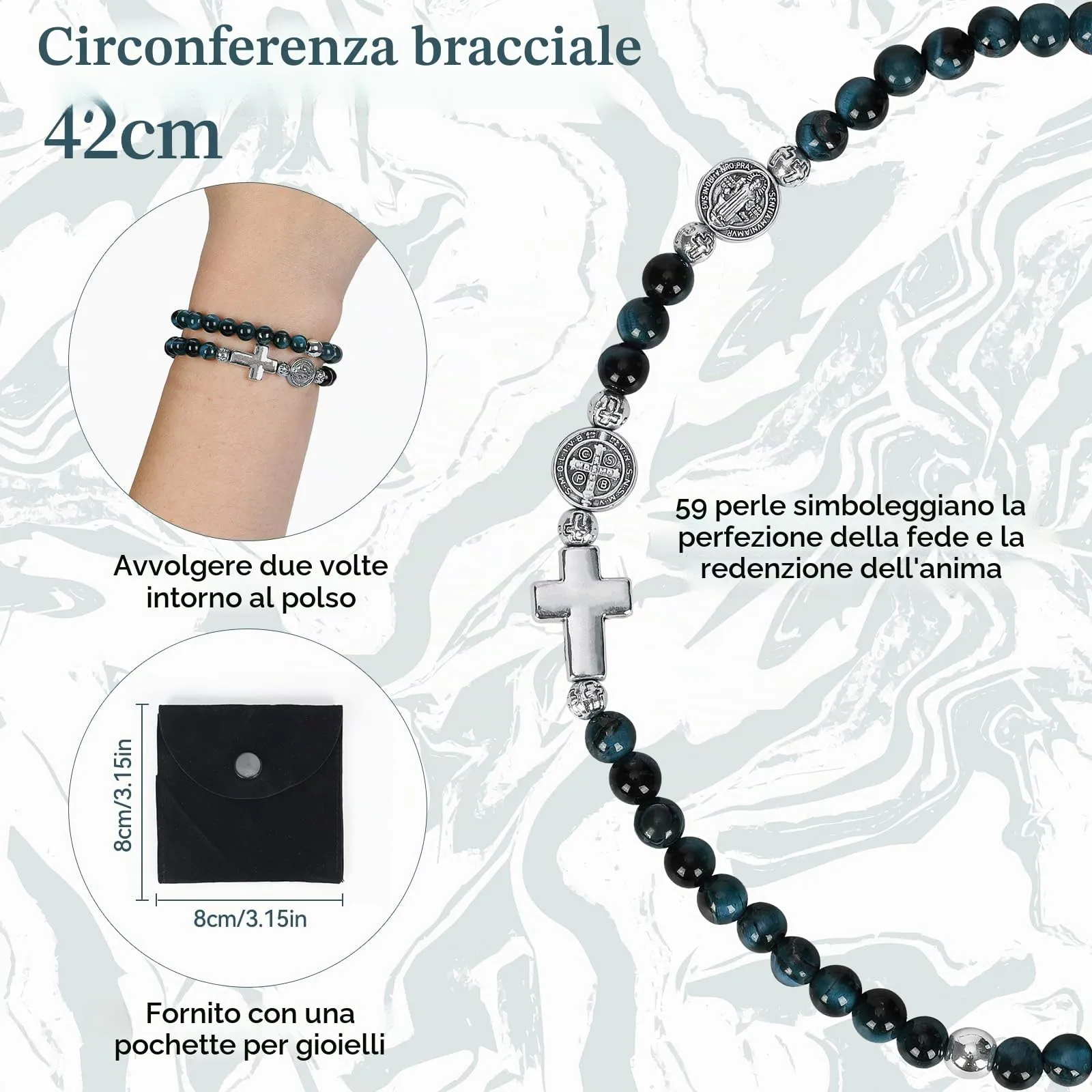 SHIEAGLELD Bracciale Occhio di Tigre Uomo, Bracciali Rosario Cattolica da con Croce e Medaglione di San Benedetto, Braccialetto Ematite Naturale Regalo Spirituale per Papà, Marito, Bambino, Blu - immagine 2