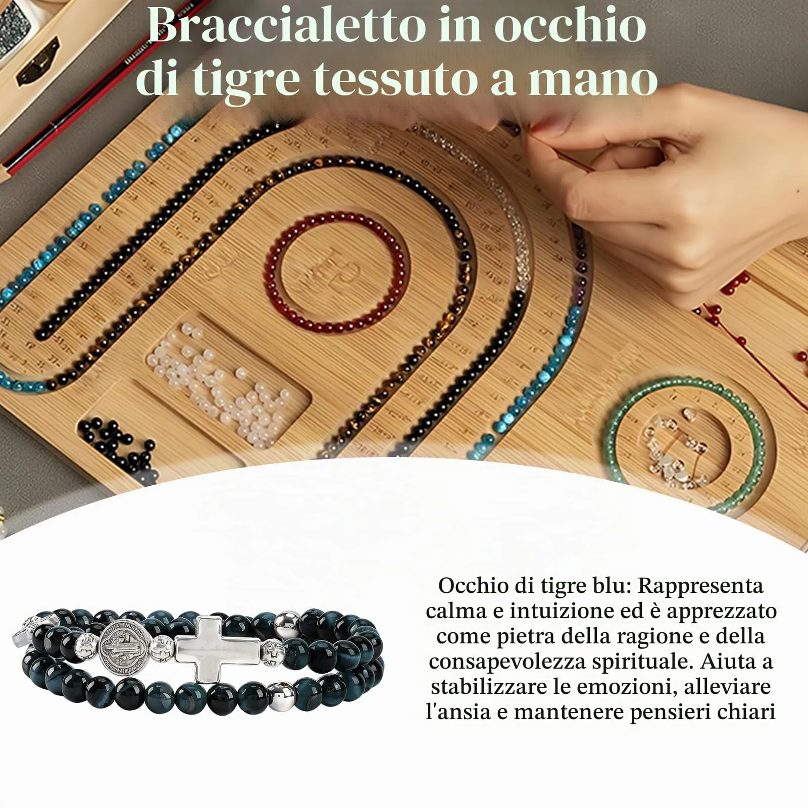 SHIEAGLELD Bracciale Occhio di Tigre Uomo, Bracciali Rosario Cattolica da con Croce e Medaglione di San Benedetto, Braccialetto Ematite Naturale Regalo Spirituale per Papà, Marito, Bambino, Blu - immagine 3