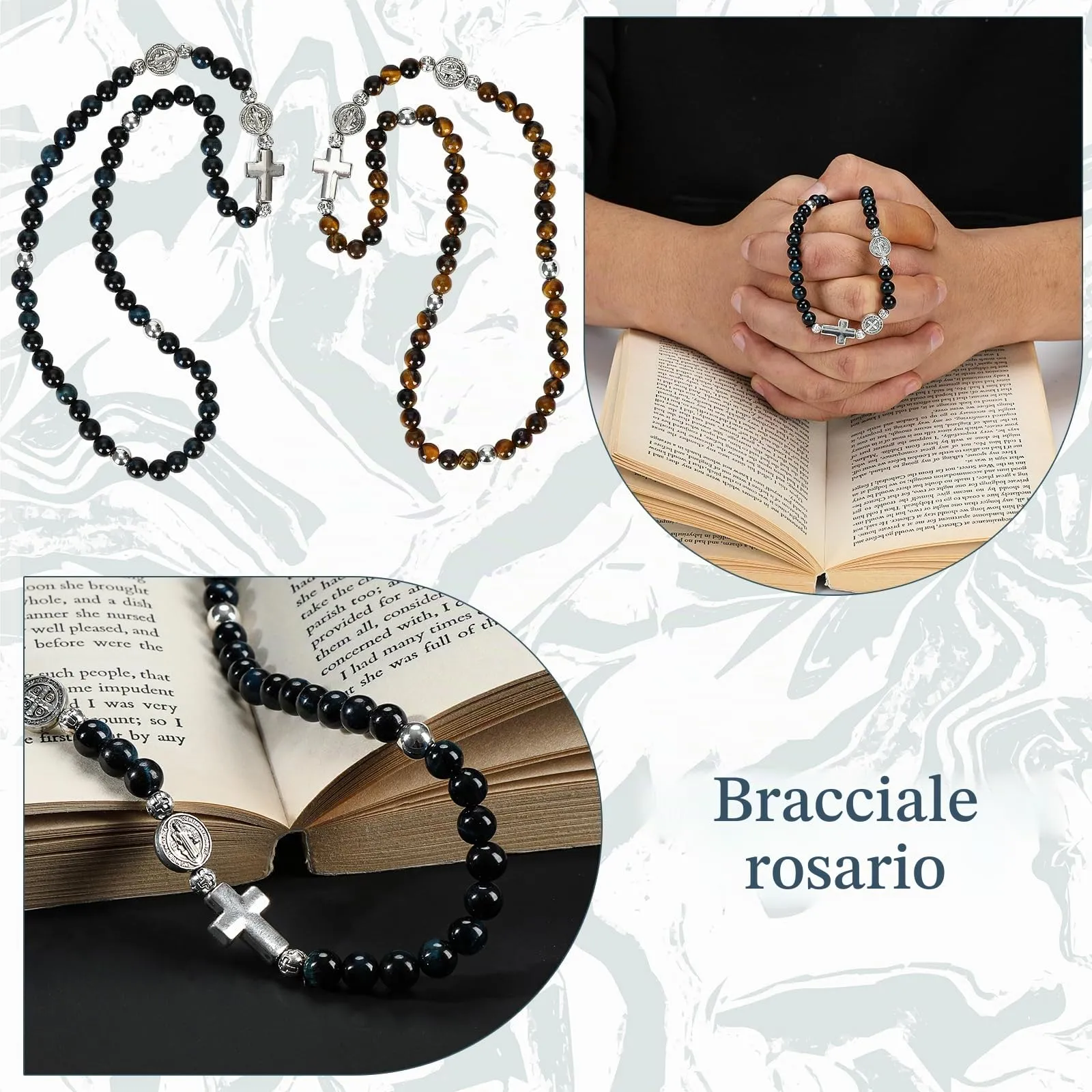 SHIEAGLELD Bracciale Occhio di Tigre Uomo, Bracciali Rosario Cattolica da con Croce e Medaglione di San Benedetto, Braccialetto Ematite Naturale Regalo Spirituale per Papà, Marito, Bambino, Blu - immagine 6