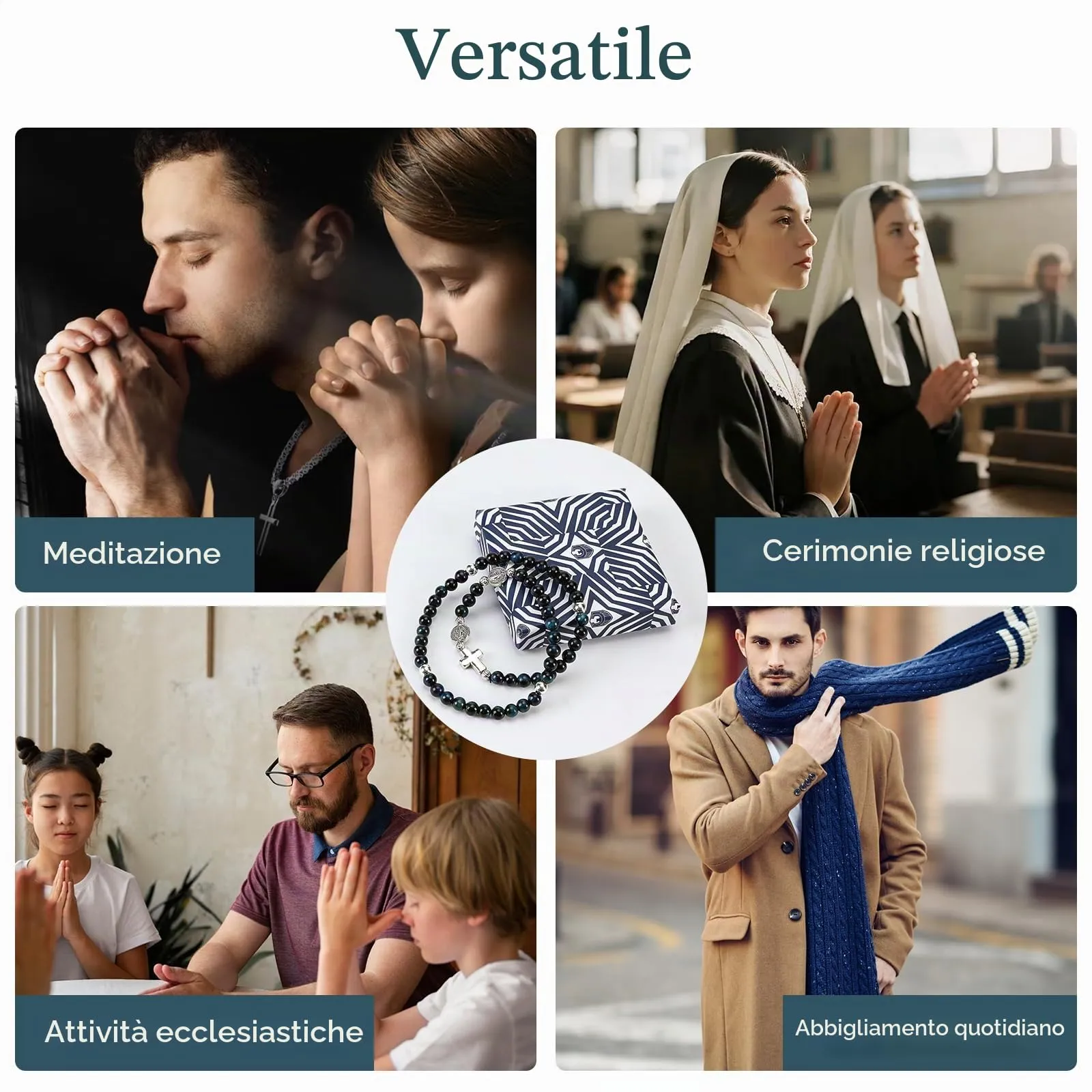 SHIEAGLELD Bracciale Occhio di Tigre Uomo, Bracciali Rosario Cattolica da con Croce e Medaglione di San Benedetto, Braccialetto Ematite Naturale Regalo Spirituale per Papà, Marito, Bambino, Blu - immagine 7