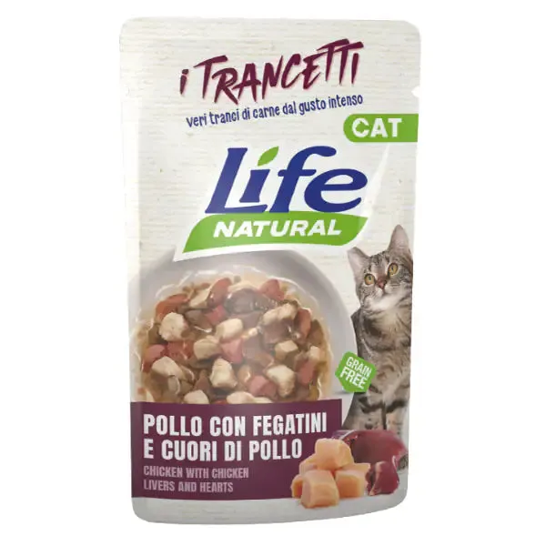 Life Cat Natural Trancetti Bustine Grain Free 55 gr Pollo con fegatini e cuori di pollo - confezione da 30 pezzi - Cibo umido per gatti - immagine 1