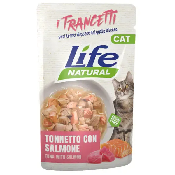 Life Cat Natural Trancetti Bustine Grain Free 55 gr Tonnetto con salmone - confezione da 30 pezzi - Cibo umido per gatti - immagine 1