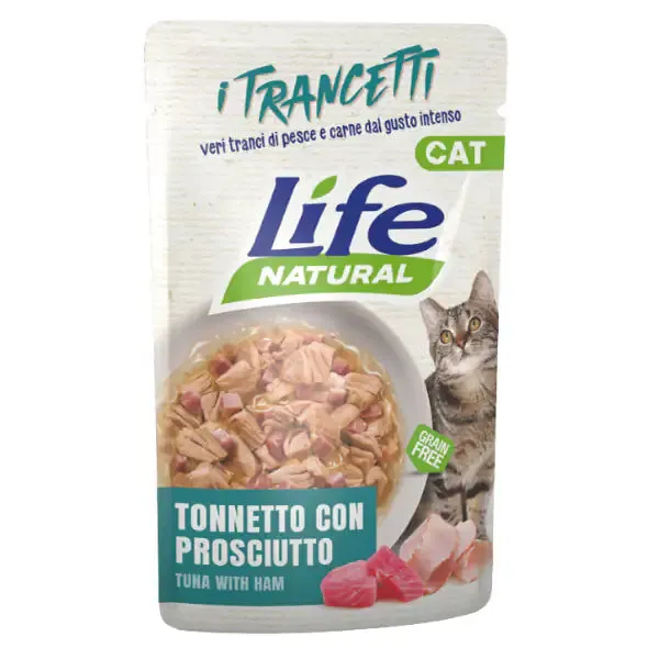 Life Cat Natural Trancetti Bustine Grain Free 55 gr Tonnetto e prosciutto - confezione da 30 pezzi - Cibo umido per gatti - immagine 1