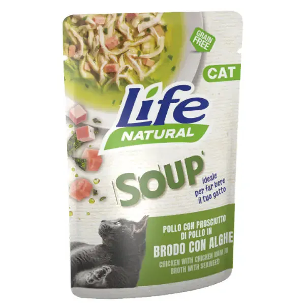 Life Cat Natural Soup Bustine in brodo Grain Free 60 gr Pollo e prosciutto di pollo con alghe - confezione da 30 pezzi - Cibo umido per gatti - immagine 1