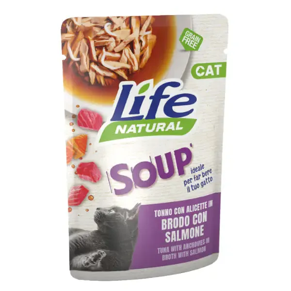 Life Cat Natural Soup Bustine in brodo Grain Free 60 gr Tonno e alicette con salmone - confezione da 30 pezzi - Cibo umido per gatti - immagine 1