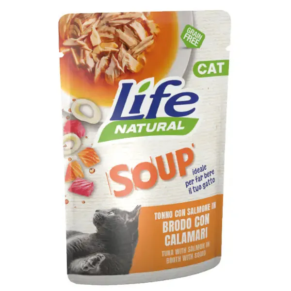 Life Cat Natural Soup Bustine in brodo Grain Free 60 gr Tonno e salmone con calamari - confezione da 30 pezzi - Cibo umido per gatti - immagine 1