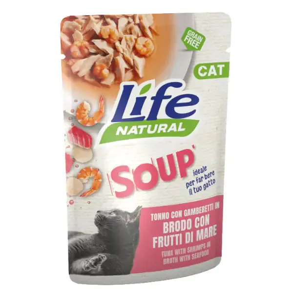 Life Cat Natural Soup Bustine in brodo Grain Free 60 gr Tonno, gamberetti e frutti di mare - confezione da 30 pezzi - Cibo umido per gatti - immagine 1
