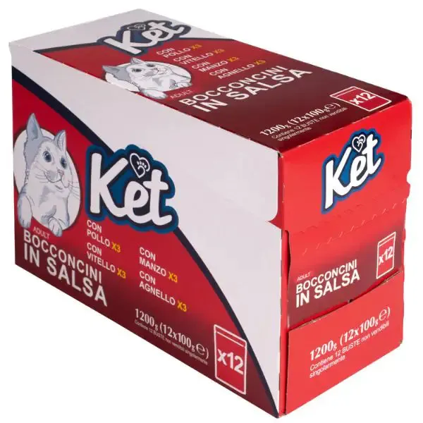 Ket Adult Bocconcini in salsa multipack 12x100 gr 2x Pollo 2x Manzo 2x Vitello 2x Agnello - immagine 1