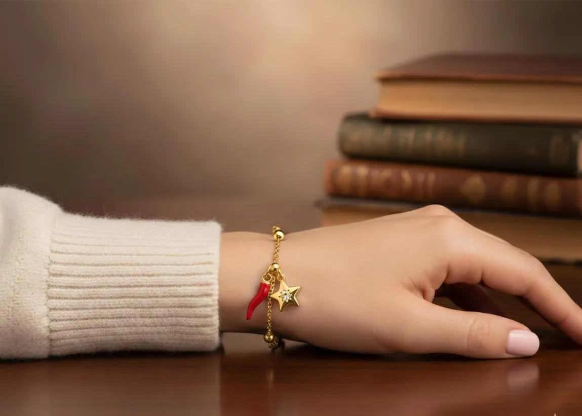 Bracciale donna acciaio con charm e corno portafortuna (stella oro) - immagine 3