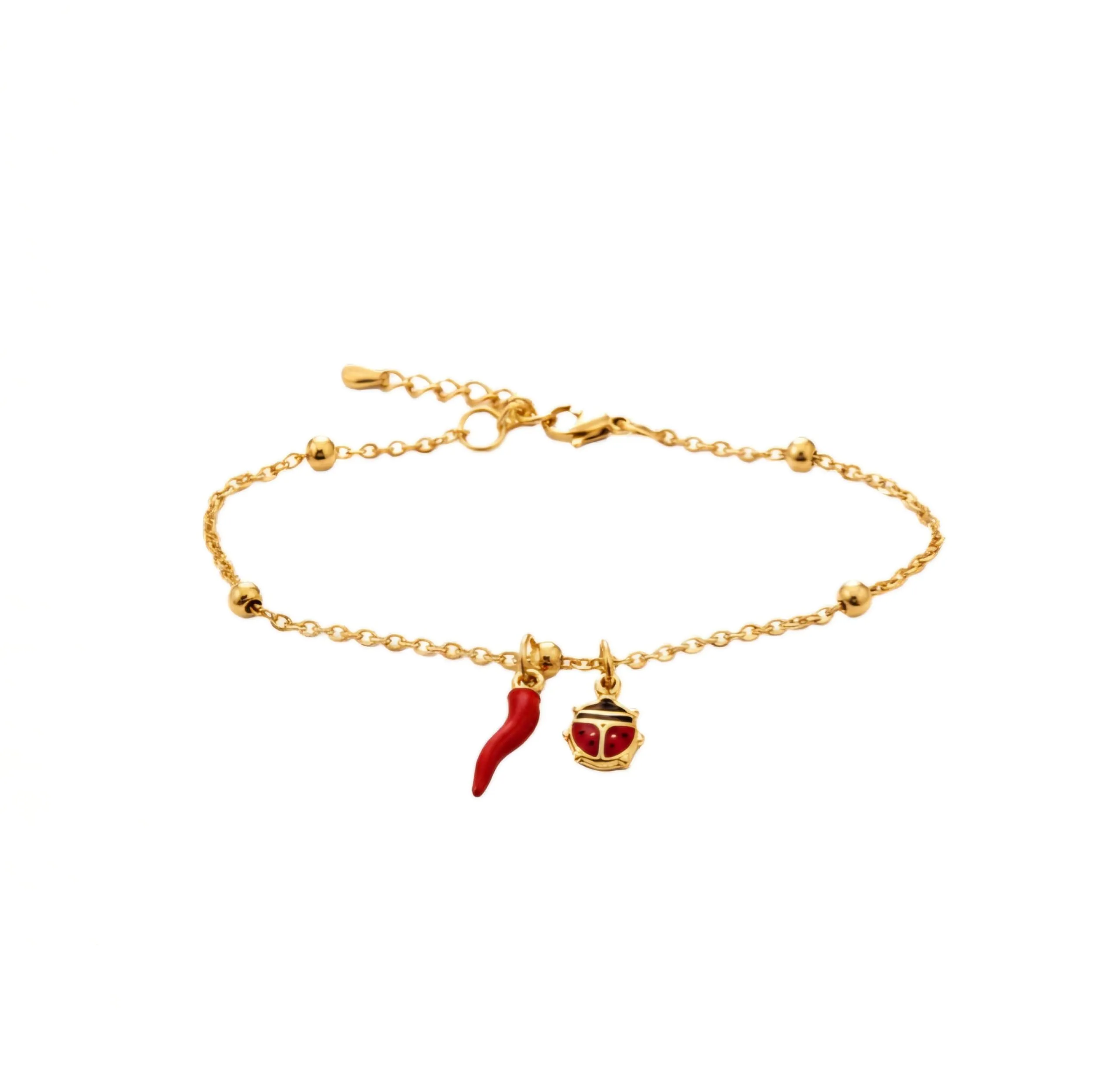 Bracciale donna acciaio con charm e corno portafortuna (coccinella oro) - immagine 1