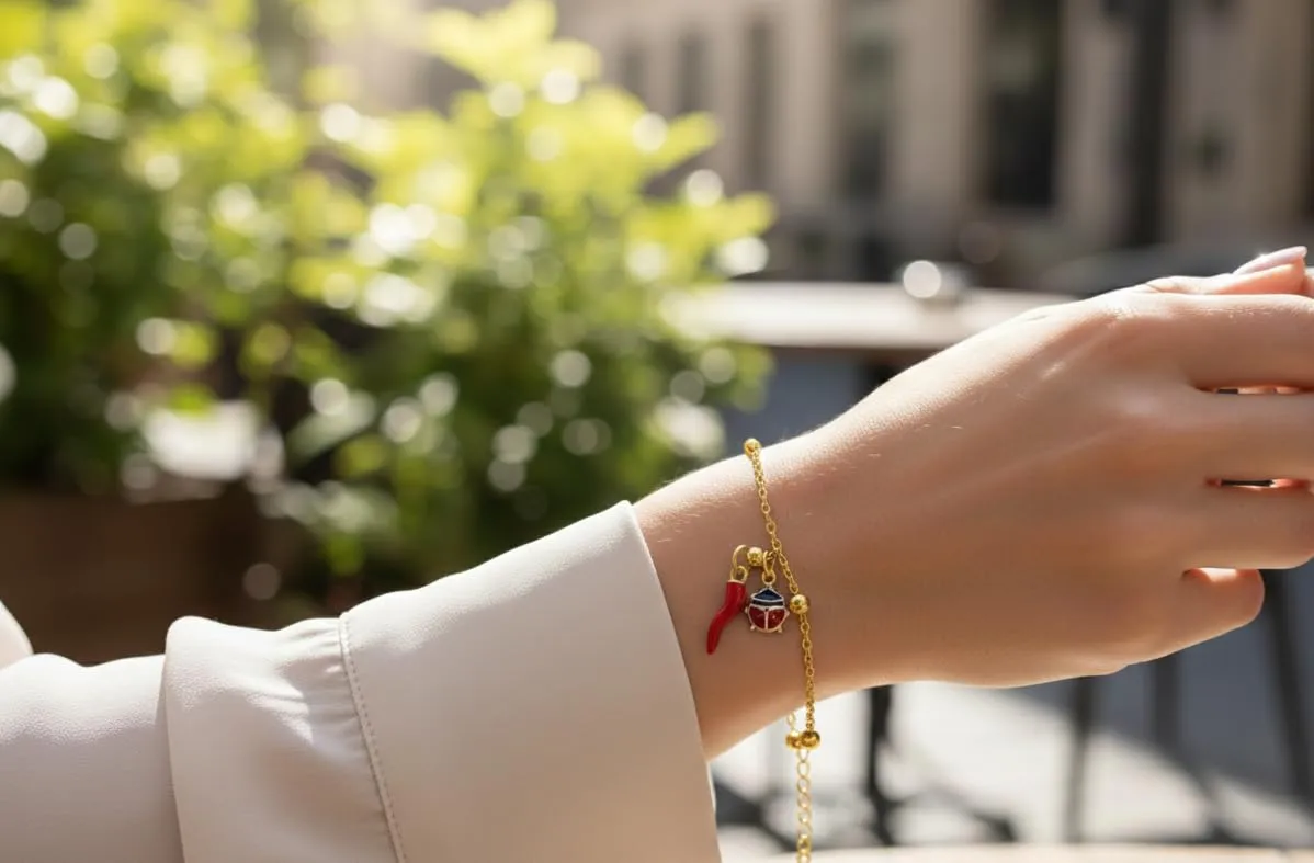 Bracciale donna acciaio con charm e corno portafortuna (coccinella oro) - immagine 3
