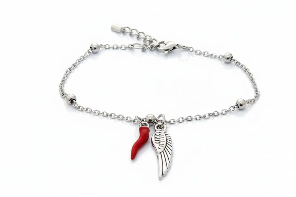 Bracciale donna acciaio con charm e corno portafortuna (ala argento) - immagine 1