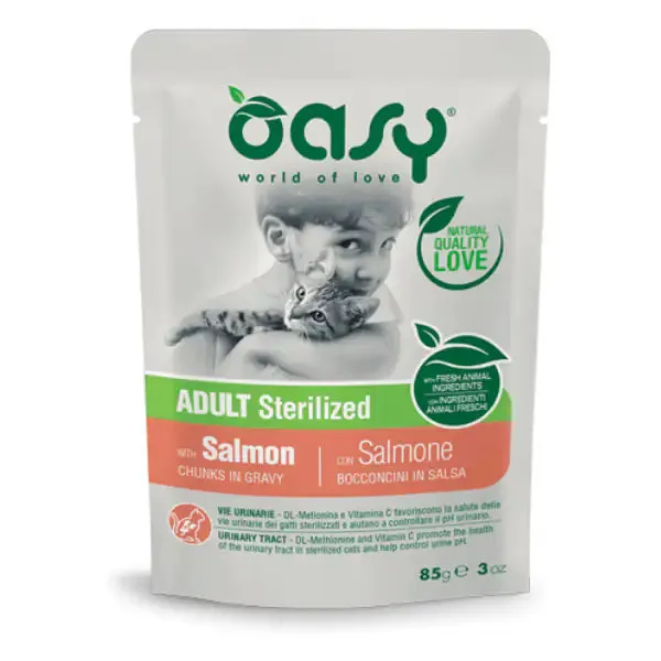 Oasy Cat Adult Sterilized Bocconcini in salsa 85 gr Salmone - confezione da 12 pezzi - Cibo umido per gatti - immagine 1