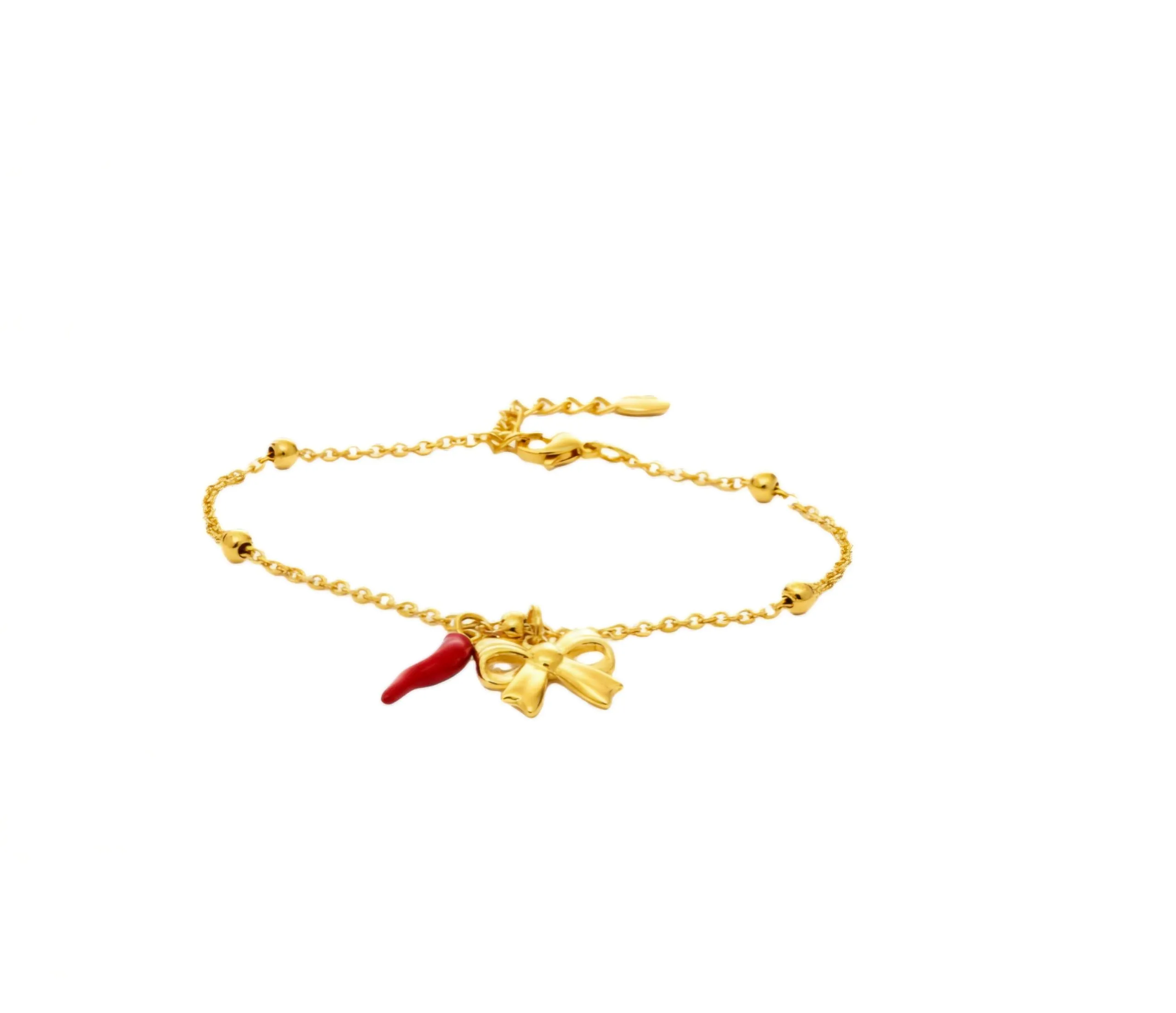 Bracciale donna acciaio con charm e corno portafortuna (fiocco oro) - immagine 1