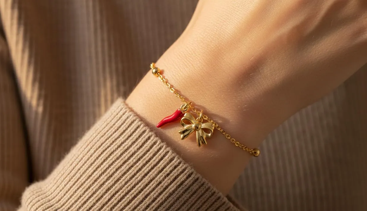 Bracciale donna acciaio con charm e corno portafortuna (fiocco oro) - immagine 3