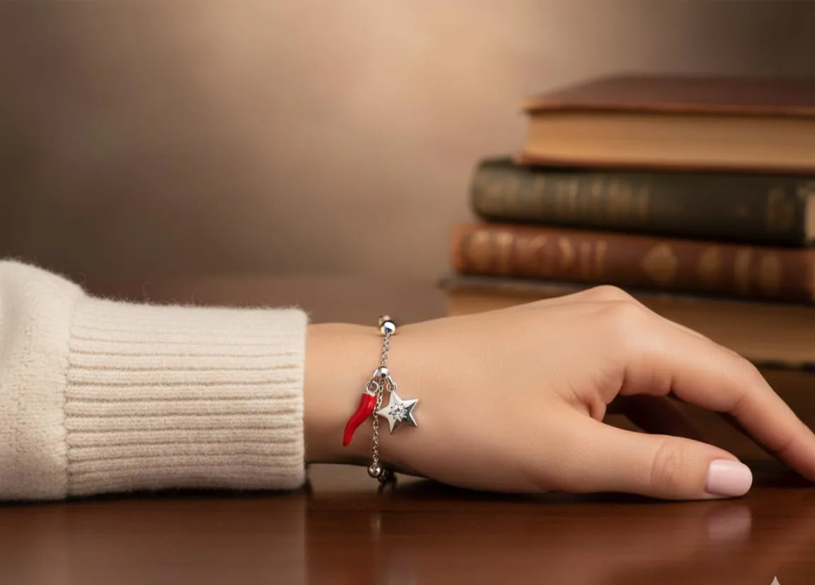 Bracciale donna acciaio con charm e corno portafortuna (stella argento) - immagine 2