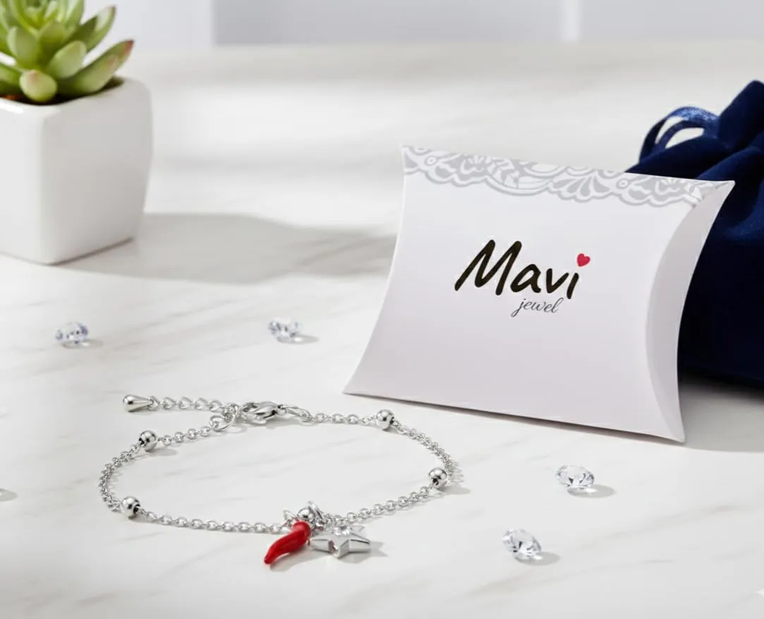 Bracciale donna acciaio con charm e corno portafortuna (stella argento) - immagine 3
