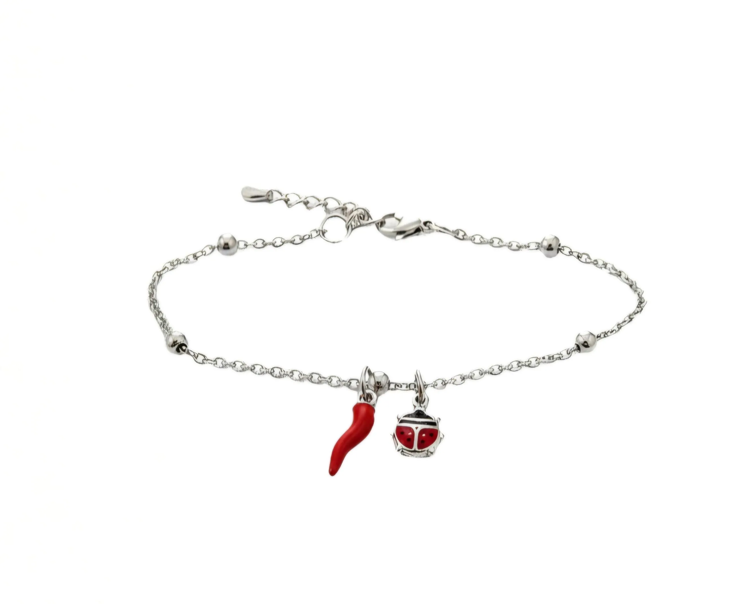 Bracciale donna acciaio con charm e corno portafortuna (coccinella argento) - immagine 1