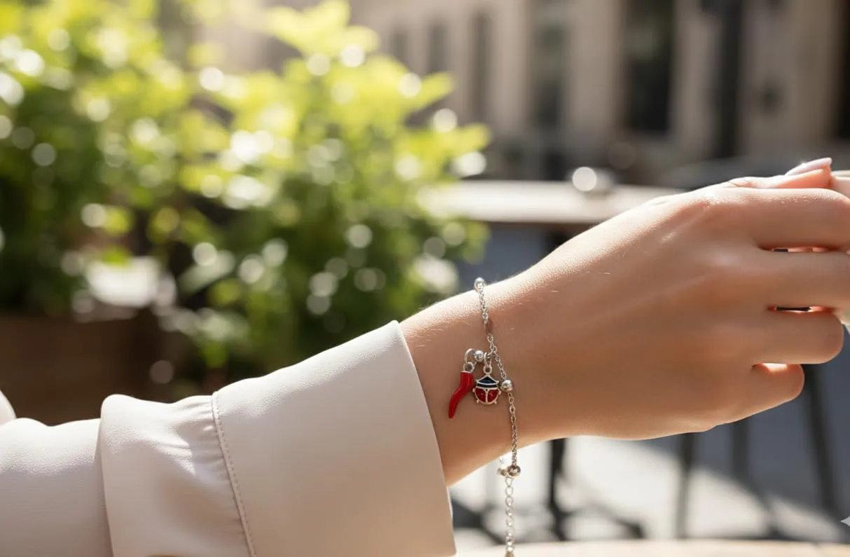 Bracciale donna acciaio con charm e corno portafortuna (coccinella argento) - immagine 2