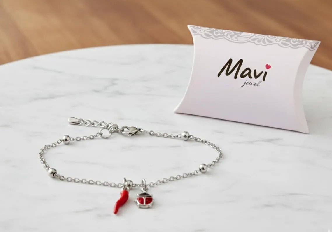 Bracciale donna acciaio con charm e corno portafortuna (coccinella argento) - immagine 3