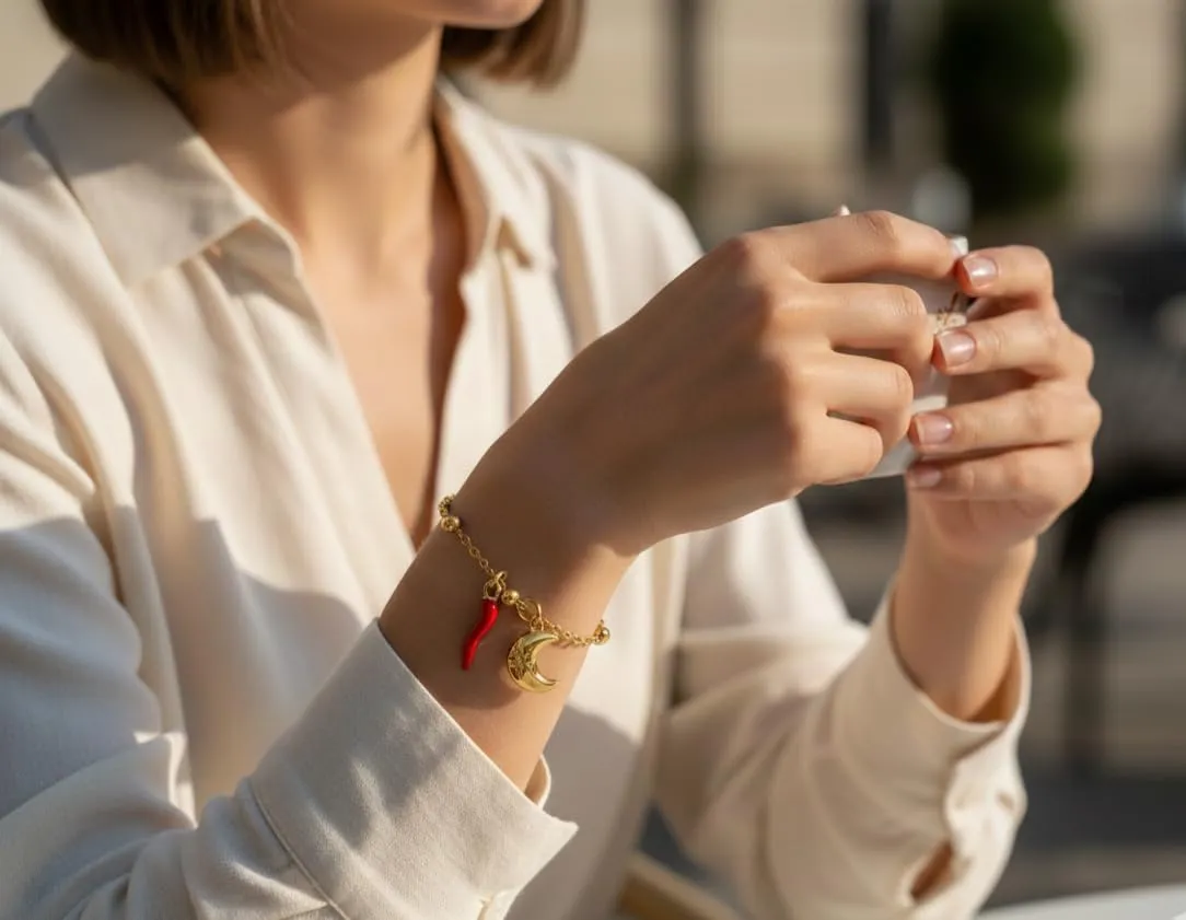 Bracciale donna acciaio con charm e corno portafortuna (luna oro) - immagine 2