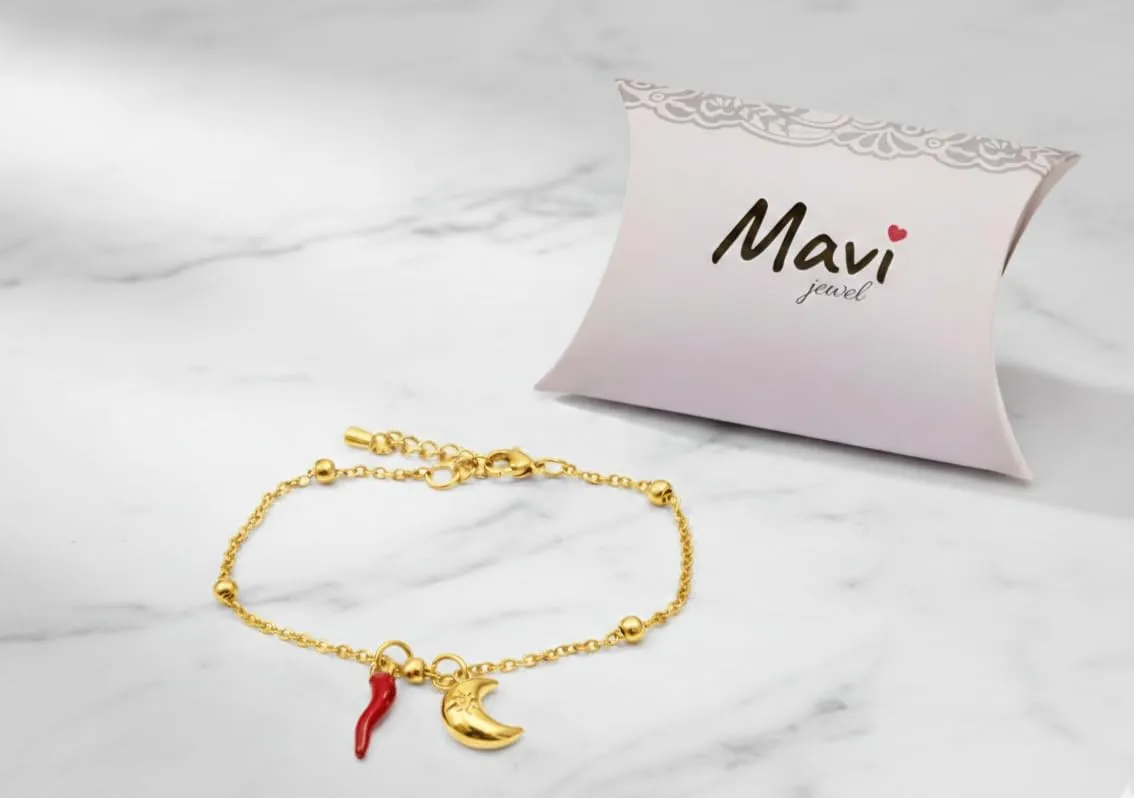 Bracciale donna acciaio con charm e corno portafortuna (luna oro) - immagine 3