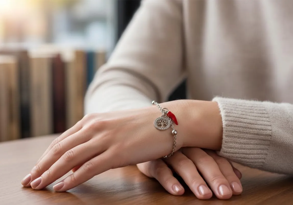 Bracciale donna acciaio con charm e corno portafortuna (albero argento) - immagine 2