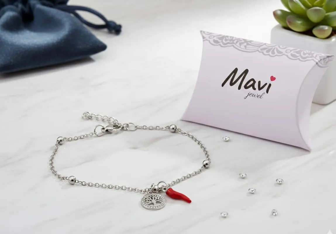 Bracciale donna acciaio con charm e corno portafortuna (albero argento) - immagine 3