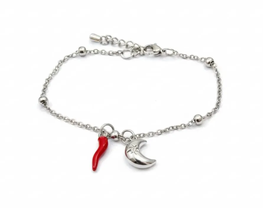 Bracciale donna acciaio con charm e corno portafortuna (luna argento) - immagine 1