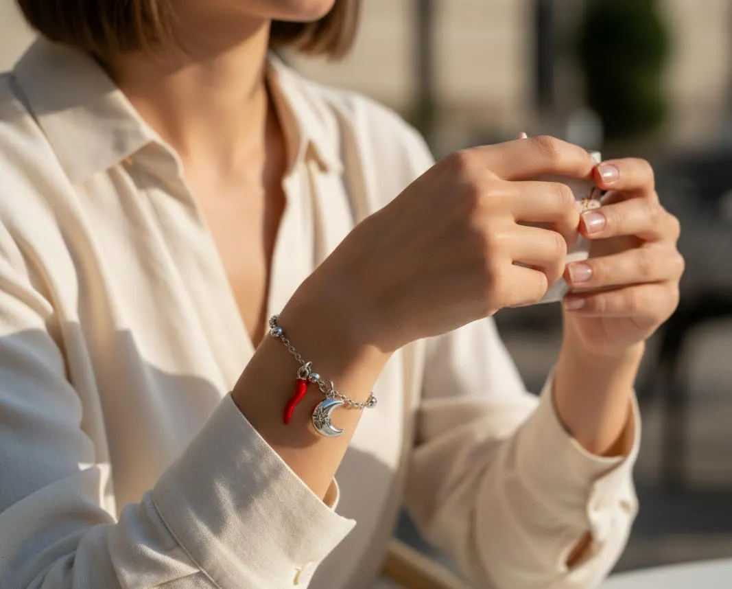 Bracciale donna acciaio con charm e corno portafortuna (luna argento) - immagine 2