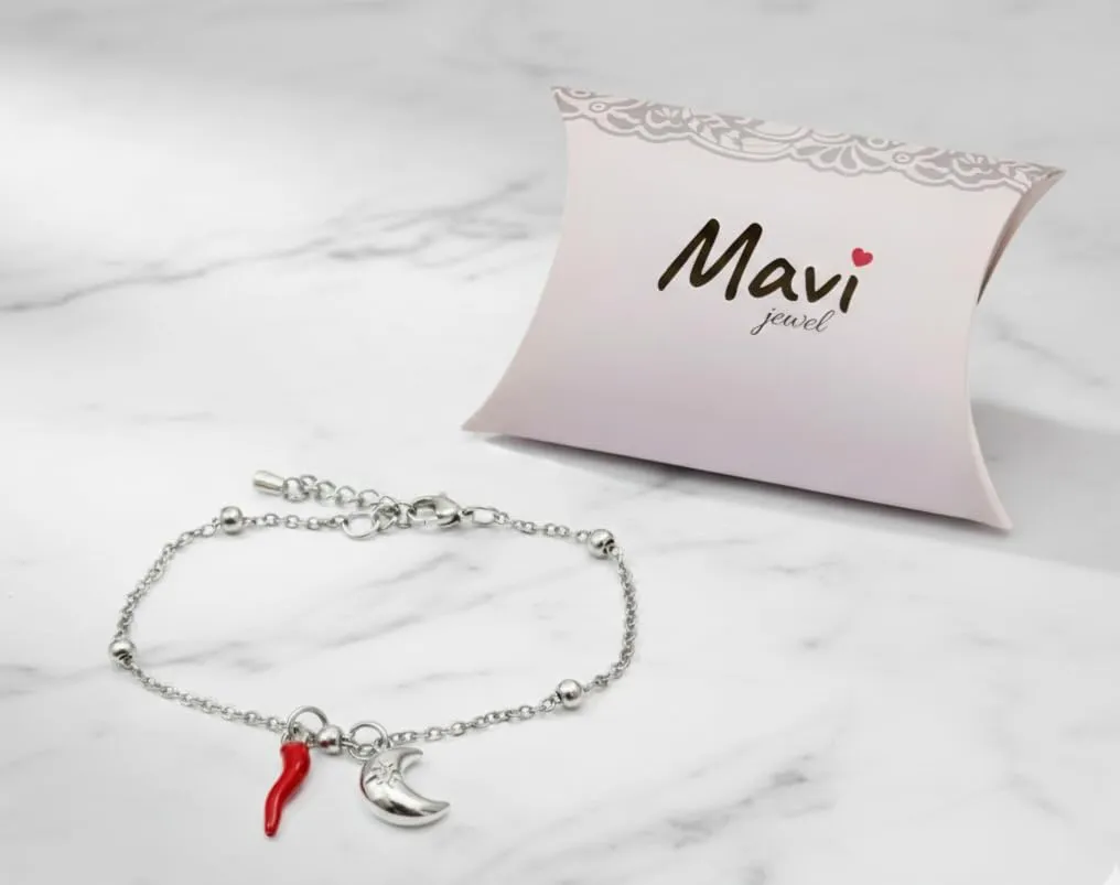 Bracciale donna acciaio con charm e corno portafortuna (luna argento) - immagine 3