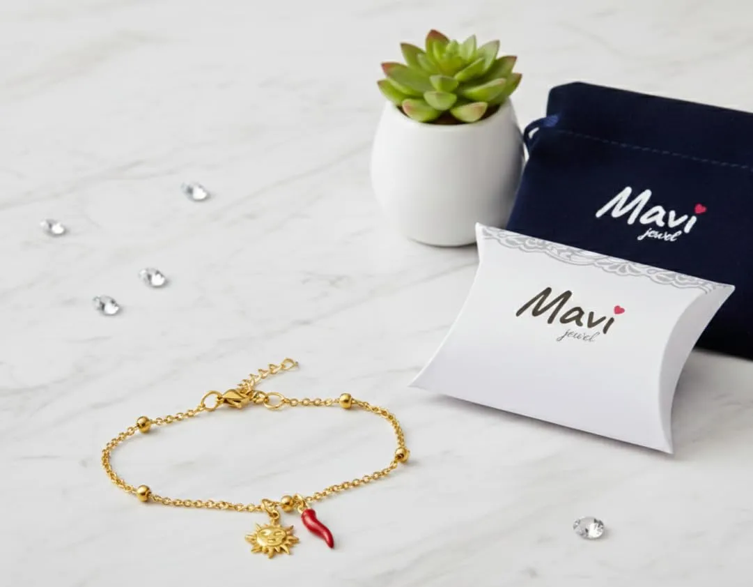 Bracciale donna acciaio con charm e corno portafortuna (sole oro) - immagine 3