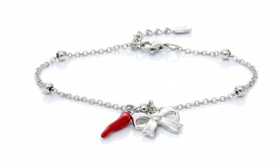 Bracciale donna acciaio con charm e corno portafortuna (fiocco argento) - immagine 1