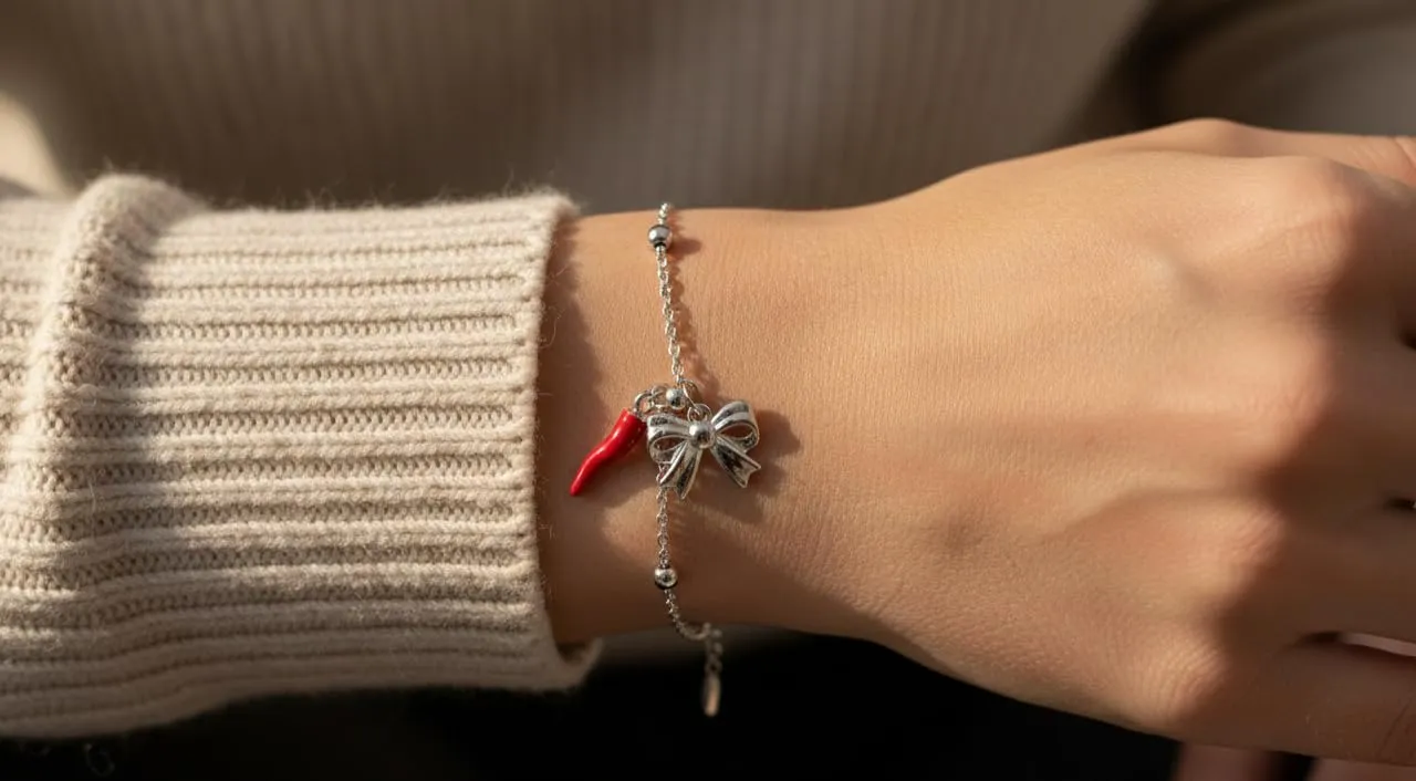 Bracciale donna acciaio con charm e corno portafortuna (fiocco argento) - immagine 2