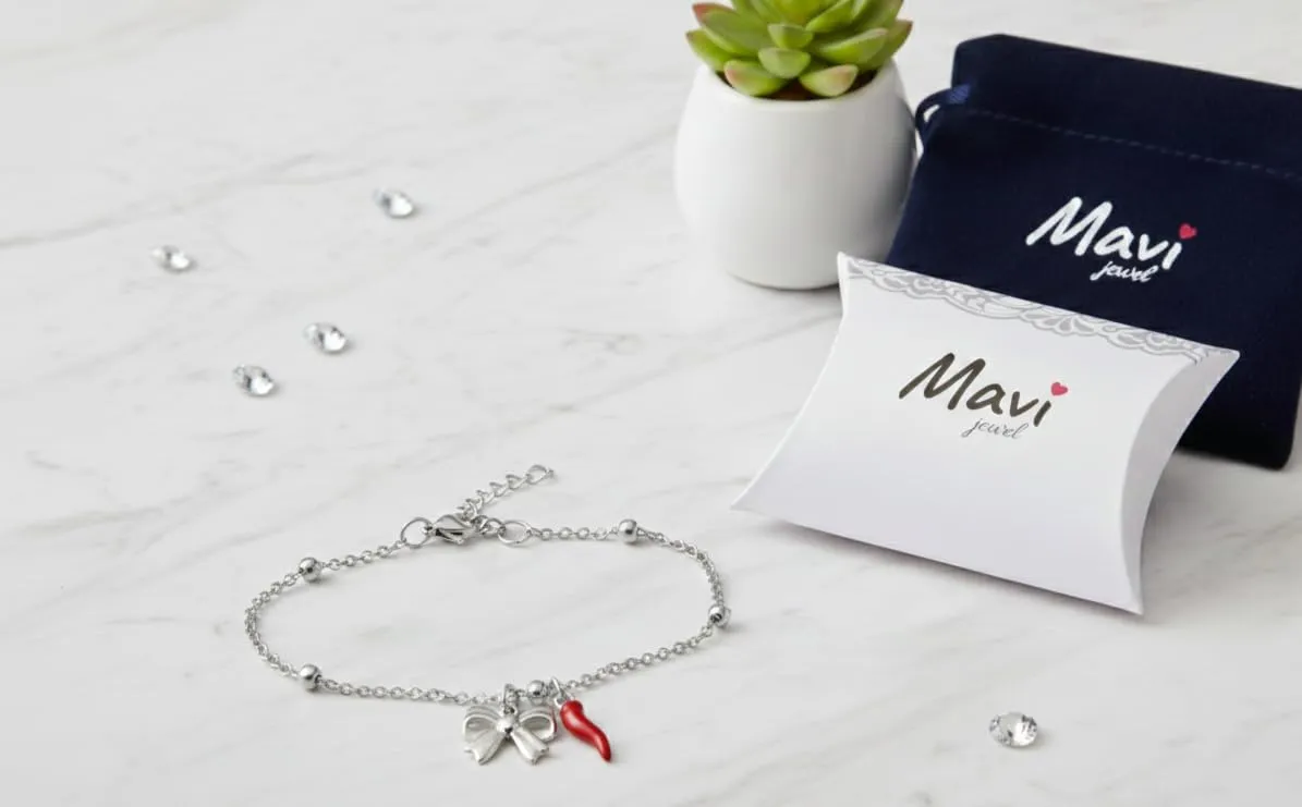 Bracciale donna acciaio con charm e corno portafortuna (fiocco argento) - immagine 3