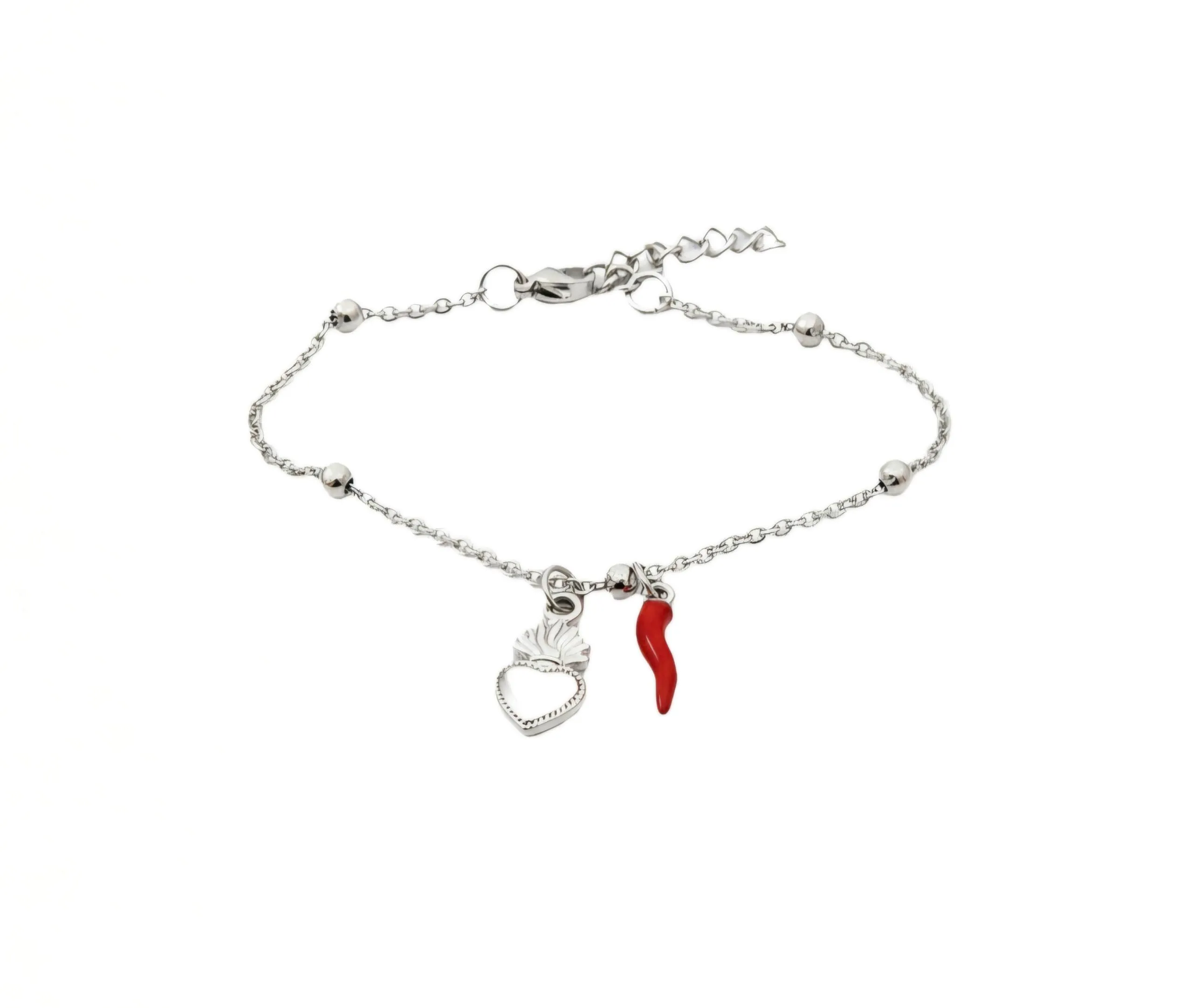 Bracciale donna acciaio con charm e corno portafortuna (cuore argento) - immagine 1