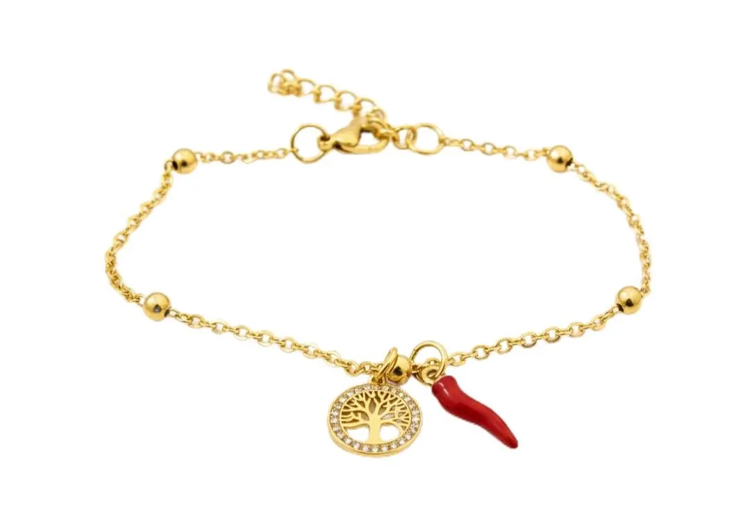 Bracciale donna acciaio con charm e corno portafortuna (albero oro) - immagine 1