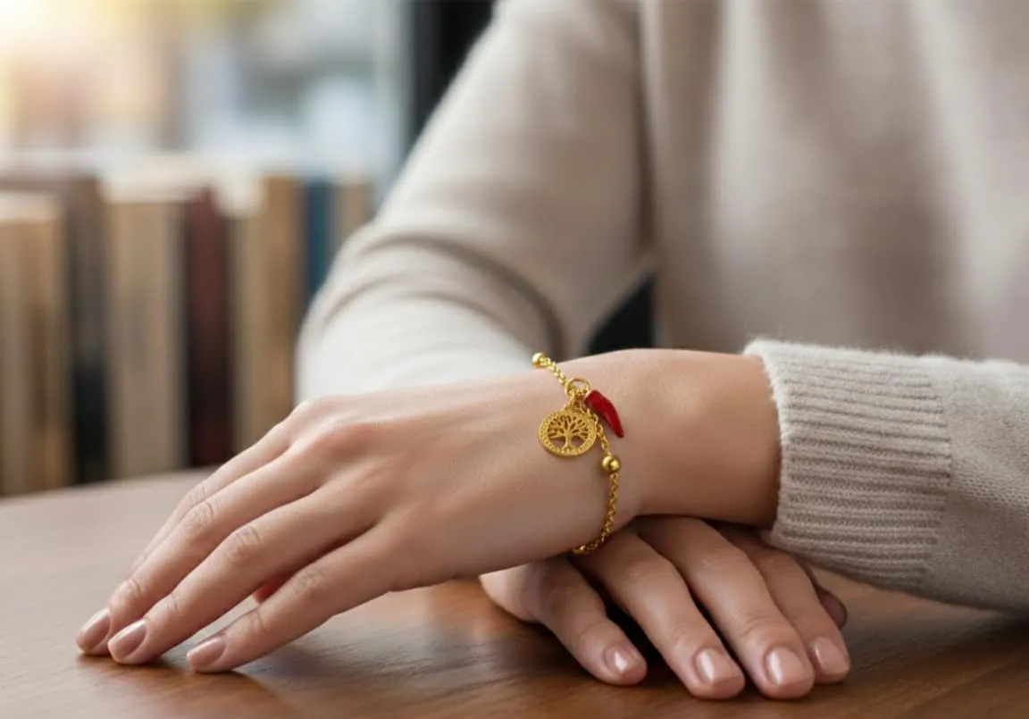 Bracciale donna acciaio con charm e corno portafortuna (albero oro) - immagine 2