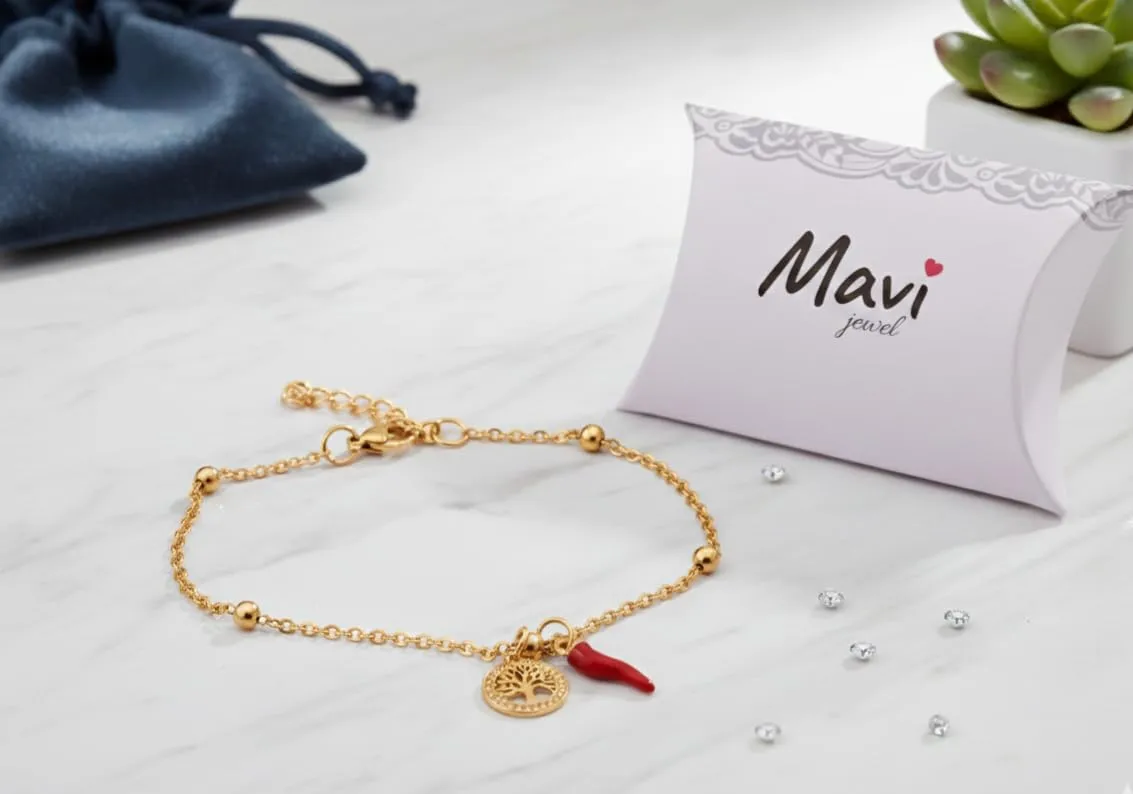 Bracciale donna acciaio con charm e corno portafortuna (albero oro) - immagine 3