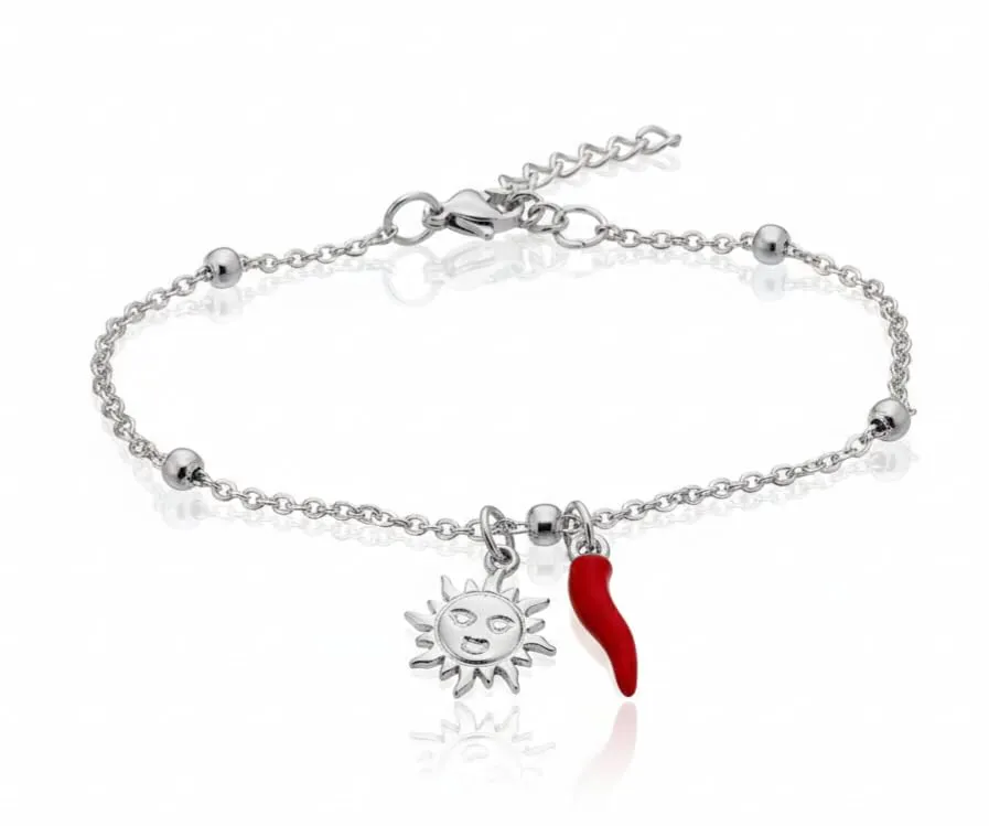 Bracciale donna acciaio con charm e corno portafortuna (sole argento) - immagine 1