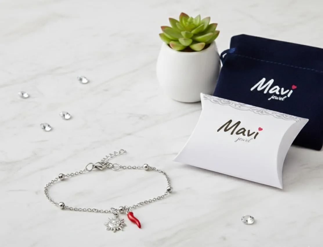 Bracciale donna acciaio con charm e corno portafortuna (sole argento) - immagine 3