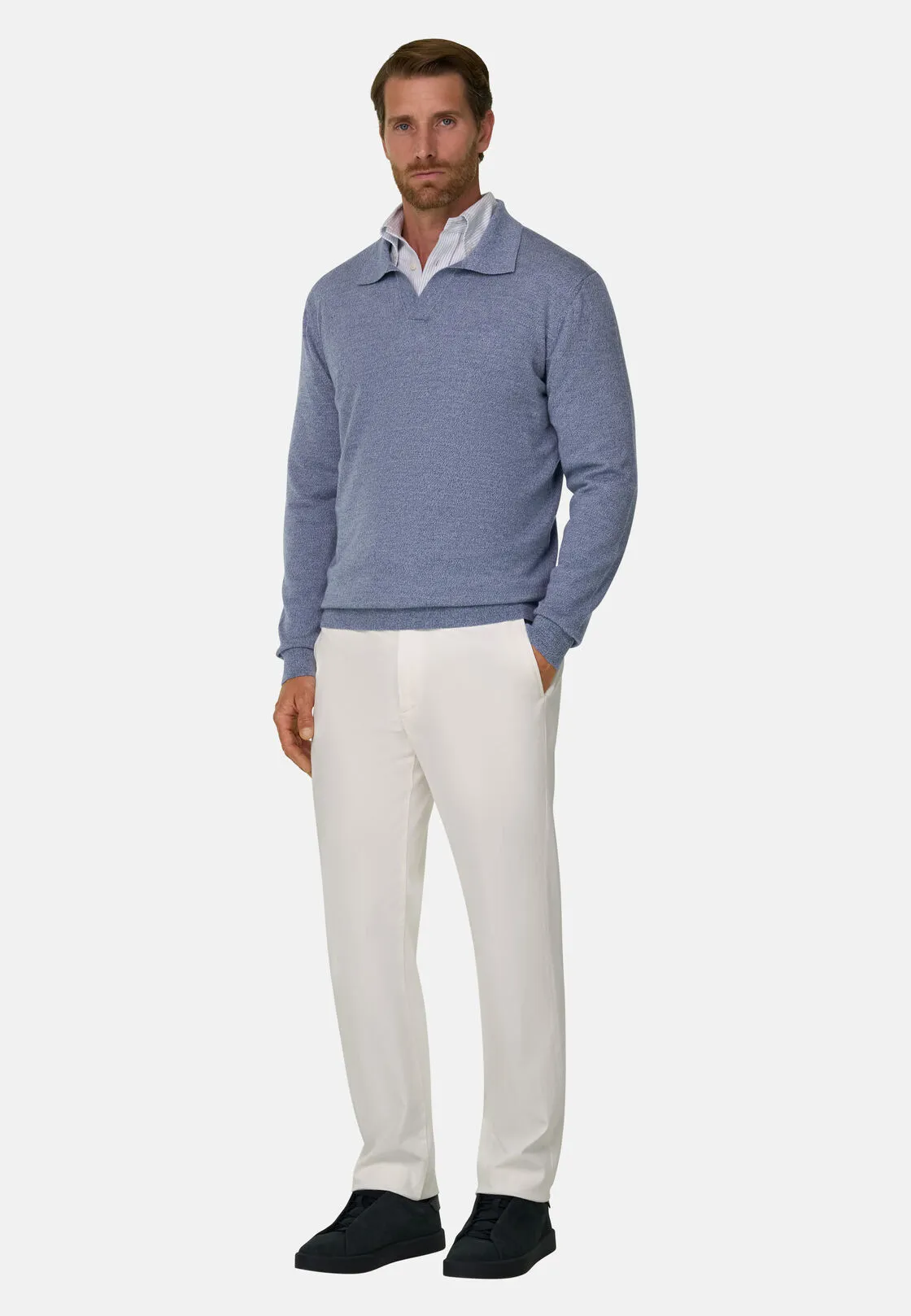 Boggi, Polo Di Maglia In Lana Merino Cashwool® Mouliné, Uomo, Azzurro, Taglia: S - immagine 2