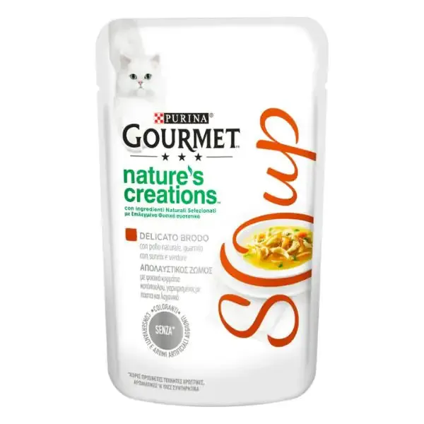 Purina Gourmet Nature's Creations Soup Umido gatto 40 gr Pollo e surimi - confezione da 32 pezzi - Cibo umido per gatti - immagine 1